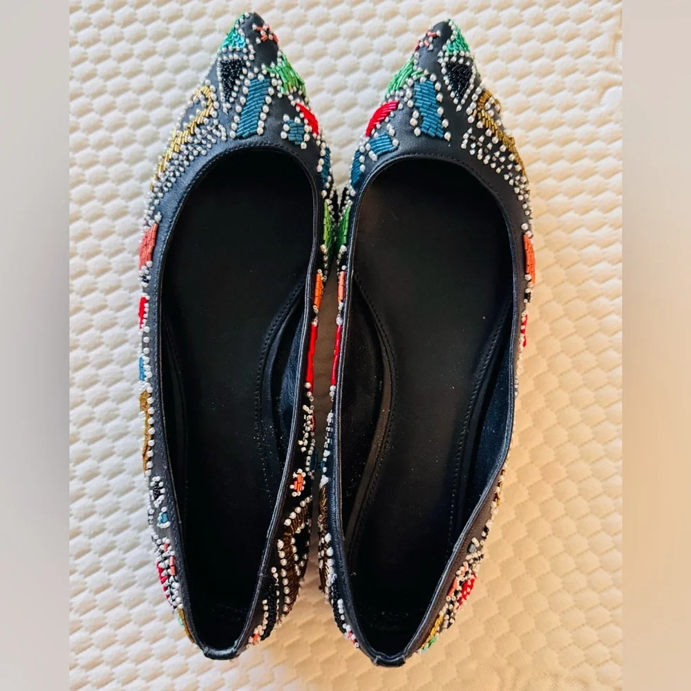 MICHAEL KORS MK Mila Party Colorful Beaded Black Leather Pointed Toe Flats